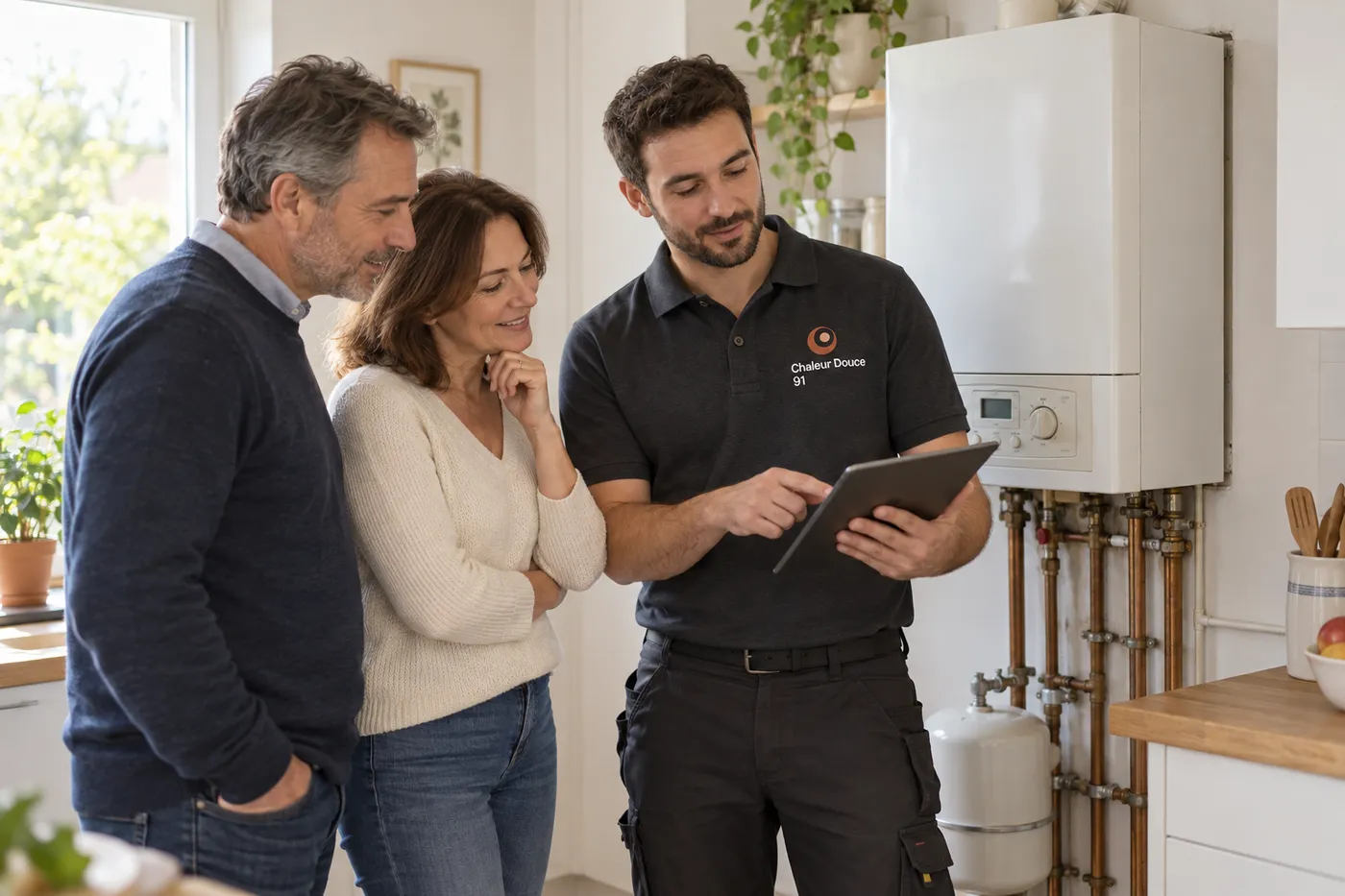 Chauffagiste de Chaleur Douce 91 présentant le bilan d'une installation sur tablette à un couple de propriétaires, à côté de leur ancienne chaudière