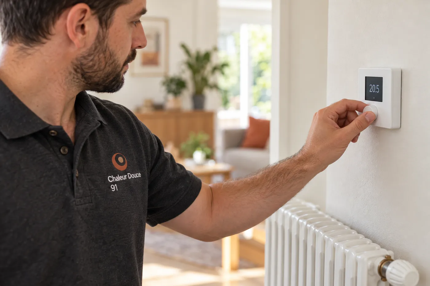 Chauffagiste réglant un thermostat d'ambiance mural lors de la mise en service d'une installation de chauffage